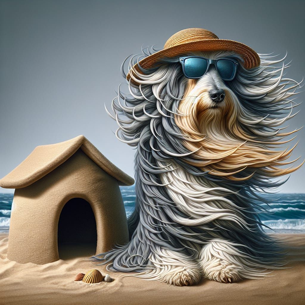 Bearded Collie's Doghouse Sandcastle, Wet Oil Painting