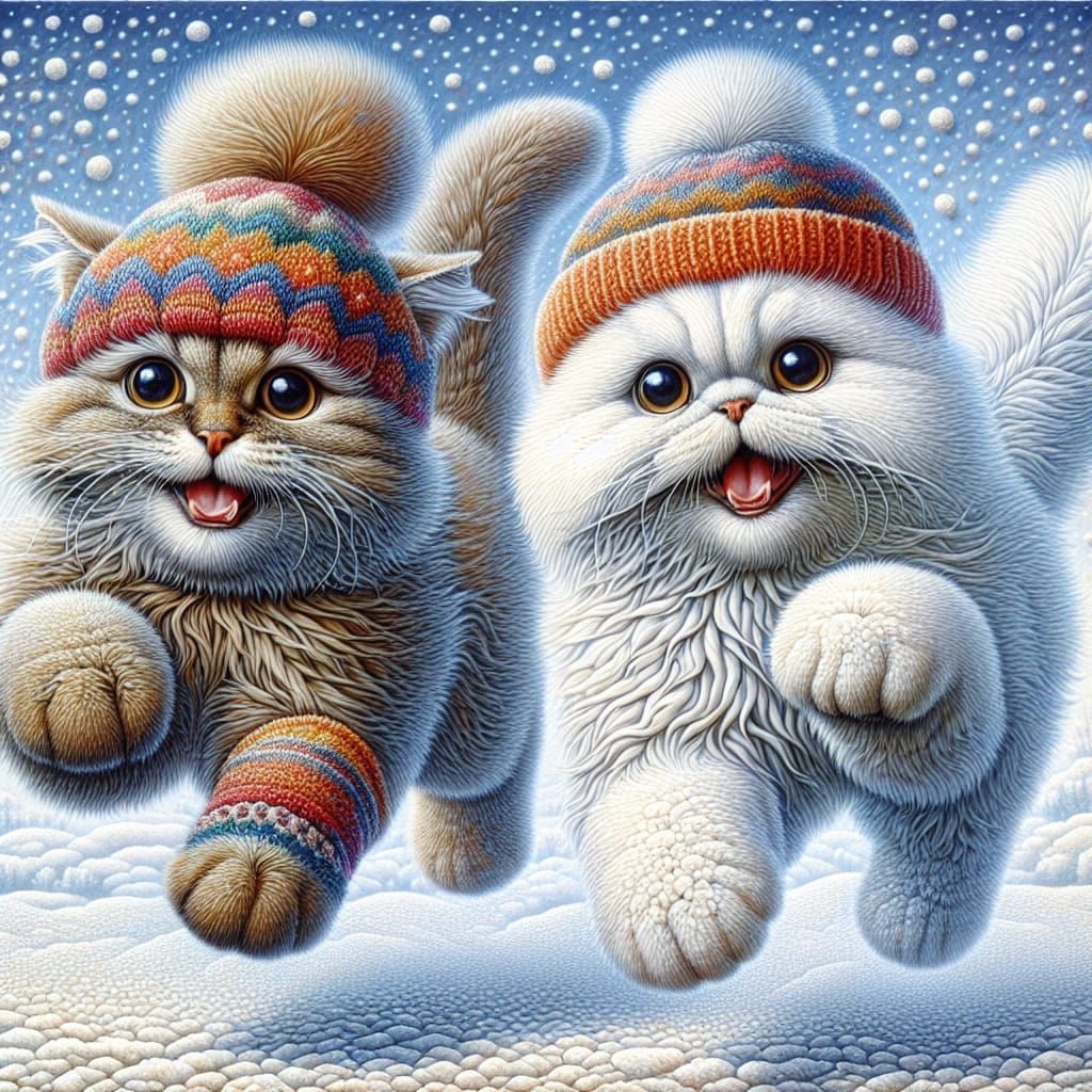 Two Cheerful Kitties Leaping Through Snow in Impressionistic...