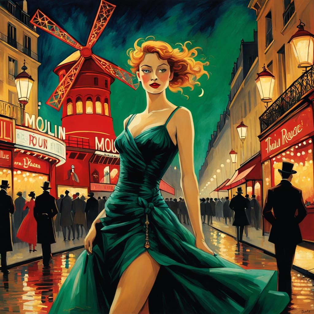 Vibrant Moulin Rouge Scene in Toulouse-Lautrec Style