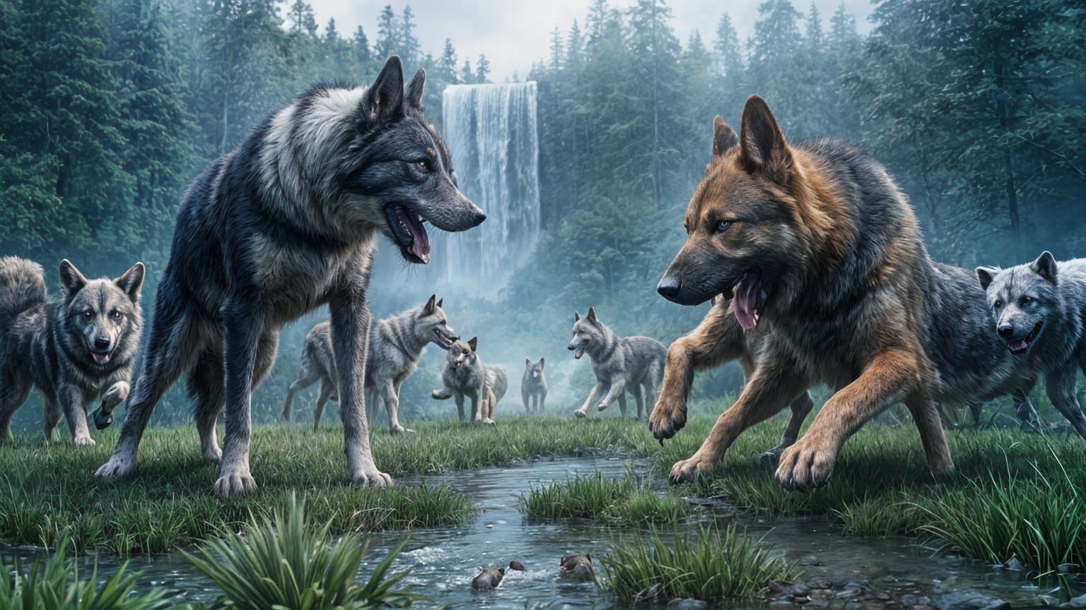 Fearsome Black and White Dog in Epic Fantasy Battle Scene