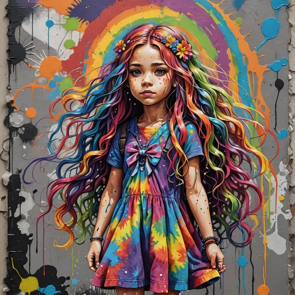 Rainbow Haired Girl in Tie Dye Dress: Graffiti Art
