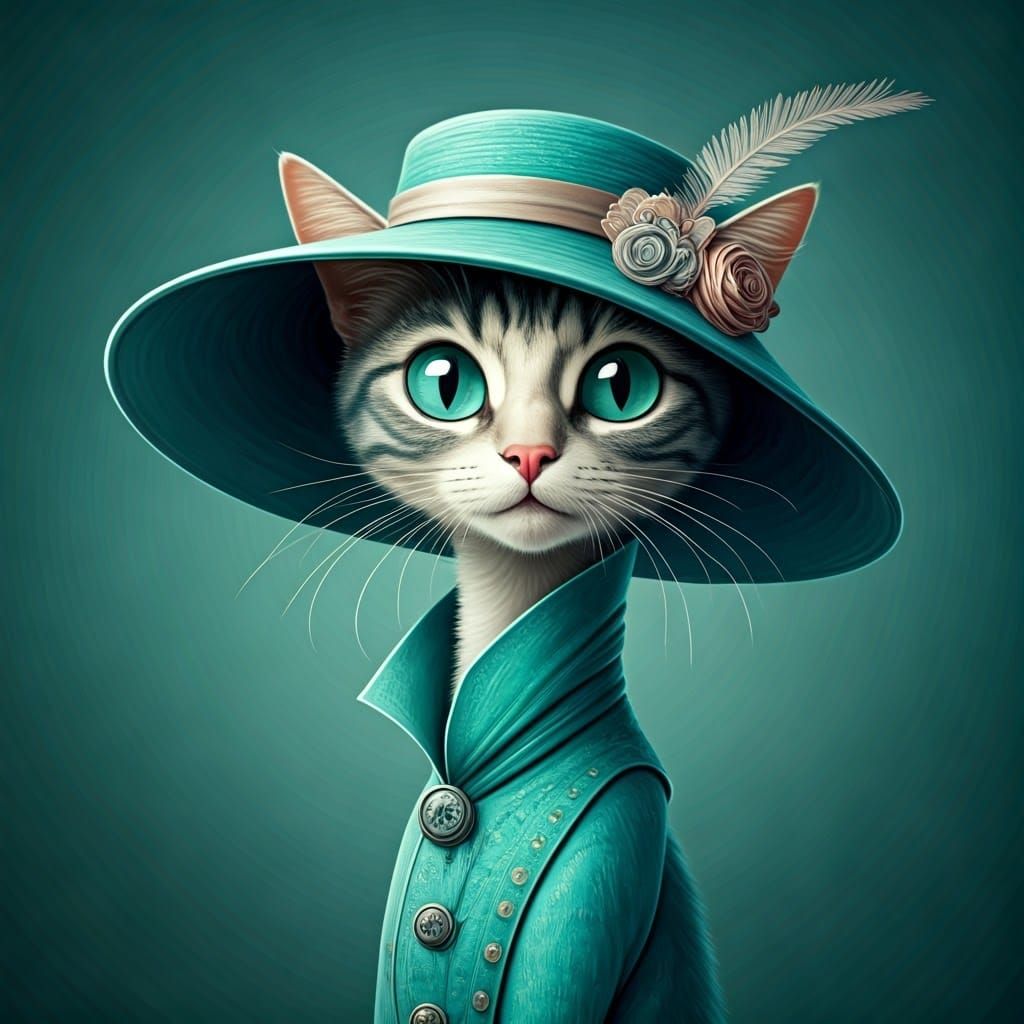 Surreal Fantasy Cat in Turquoise Gradient