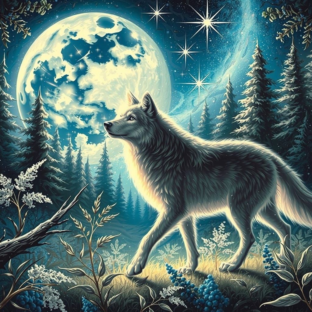 Fantastical White Wolf, Intricate Details in Deep Color