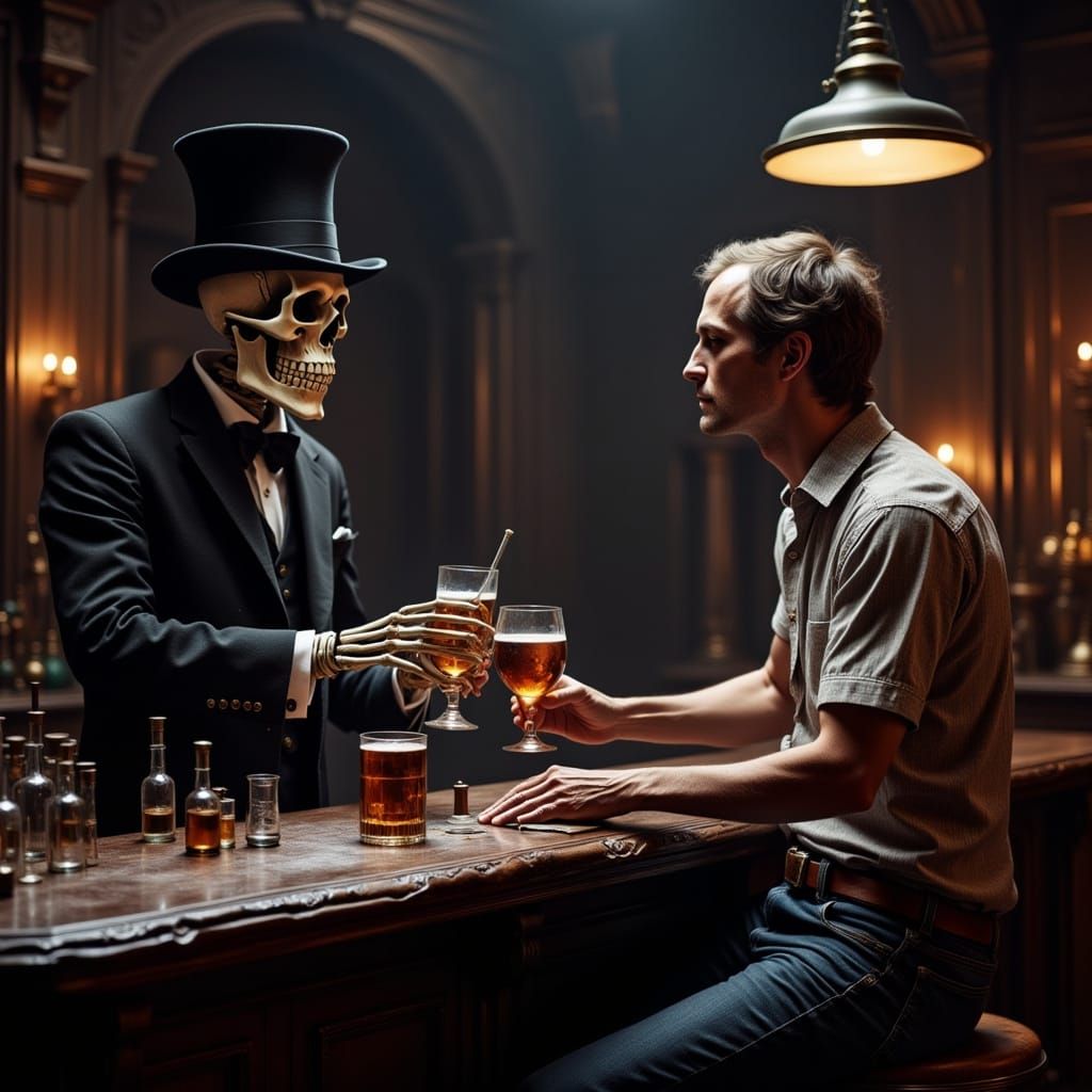 Skeleton Bartender Serves Drink in The Shining Bar Scene