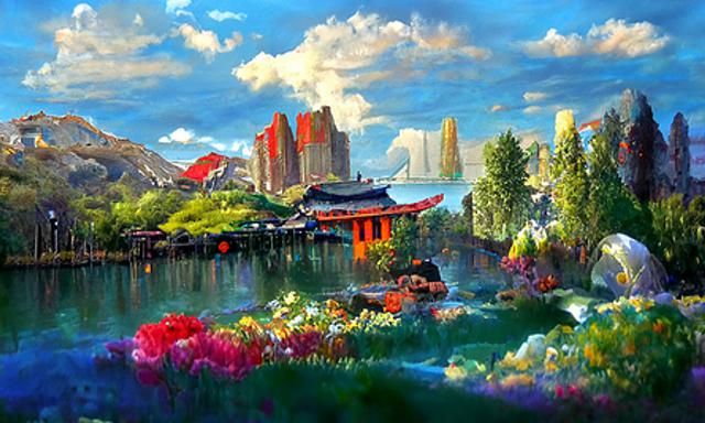 Vibrant Cityscape Painting with Blue Lake