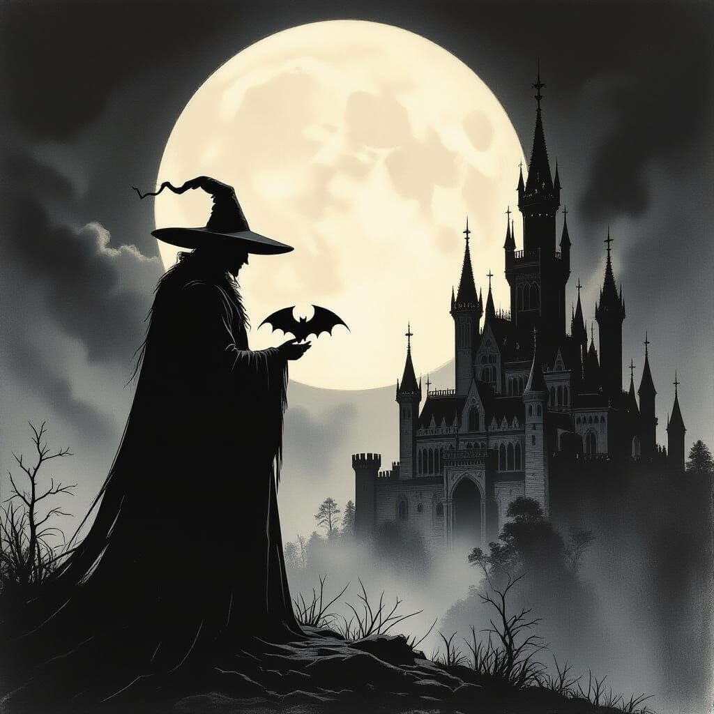 Vampire Figure Under Full Moon in Charcoal Drawing Style