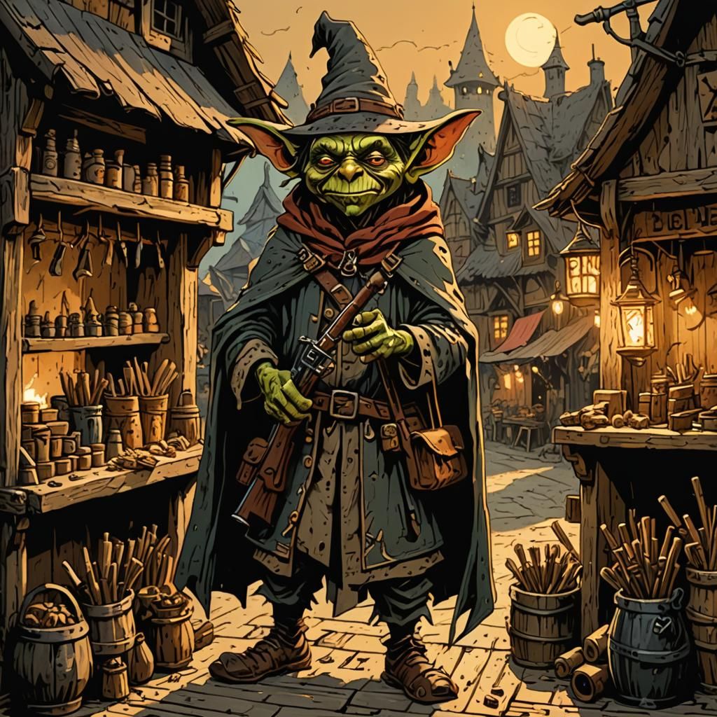 Goblin Buys Rifle From Ogre in Folk Art Style