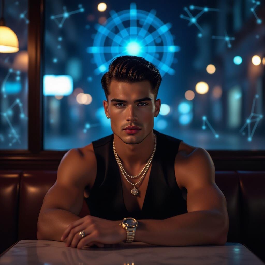 Handsome Man in Celestial Cafe with Dramatic Lighting
