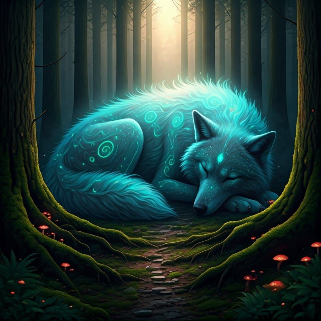 Ethereal Wolf Embodies Forest Spirit in Ancient Woodland