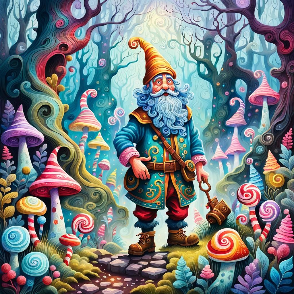 Gnome's Treasure Hunt in Magic Forest, Folk Art