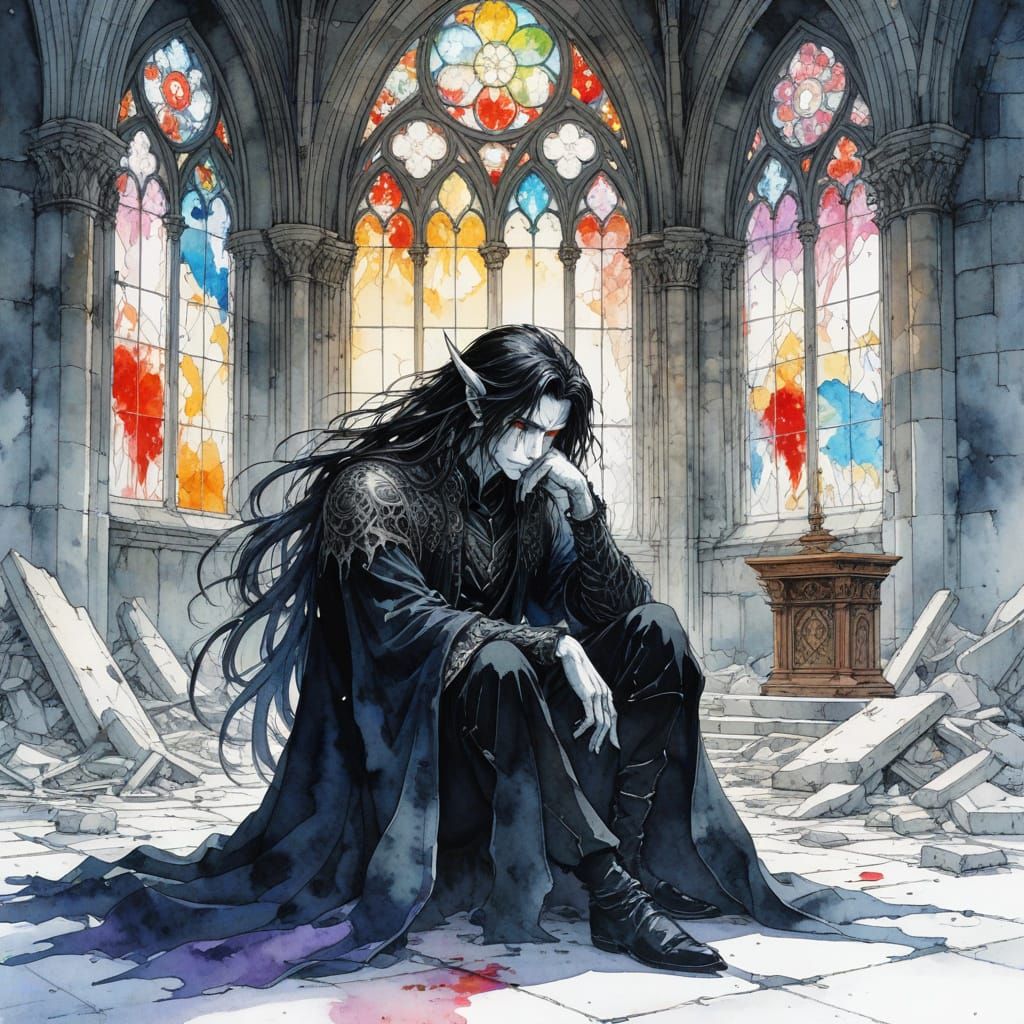 Demon in Ruined Cathedral: Manga Watercolor Painting