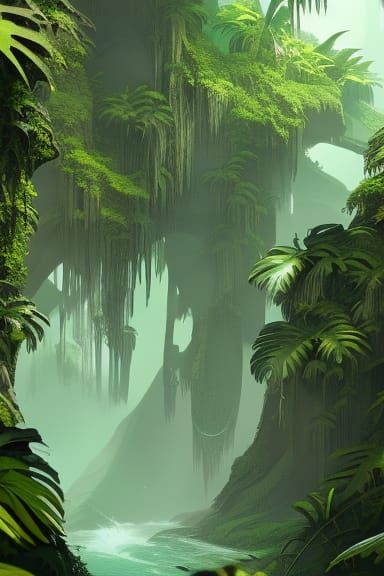 Detailed Ink Drawing of a Rainforest, Concept Art