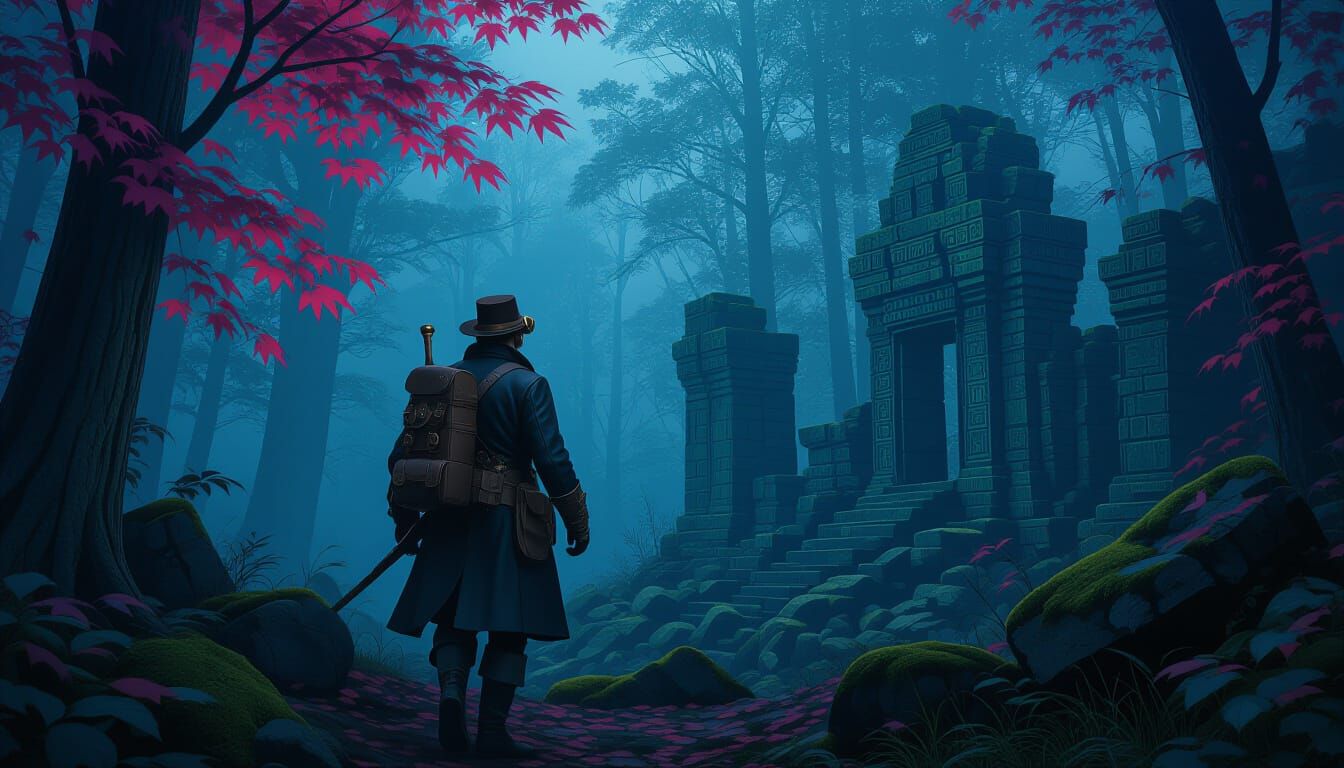 Victorian Explorer in Glowing Forest Ruins