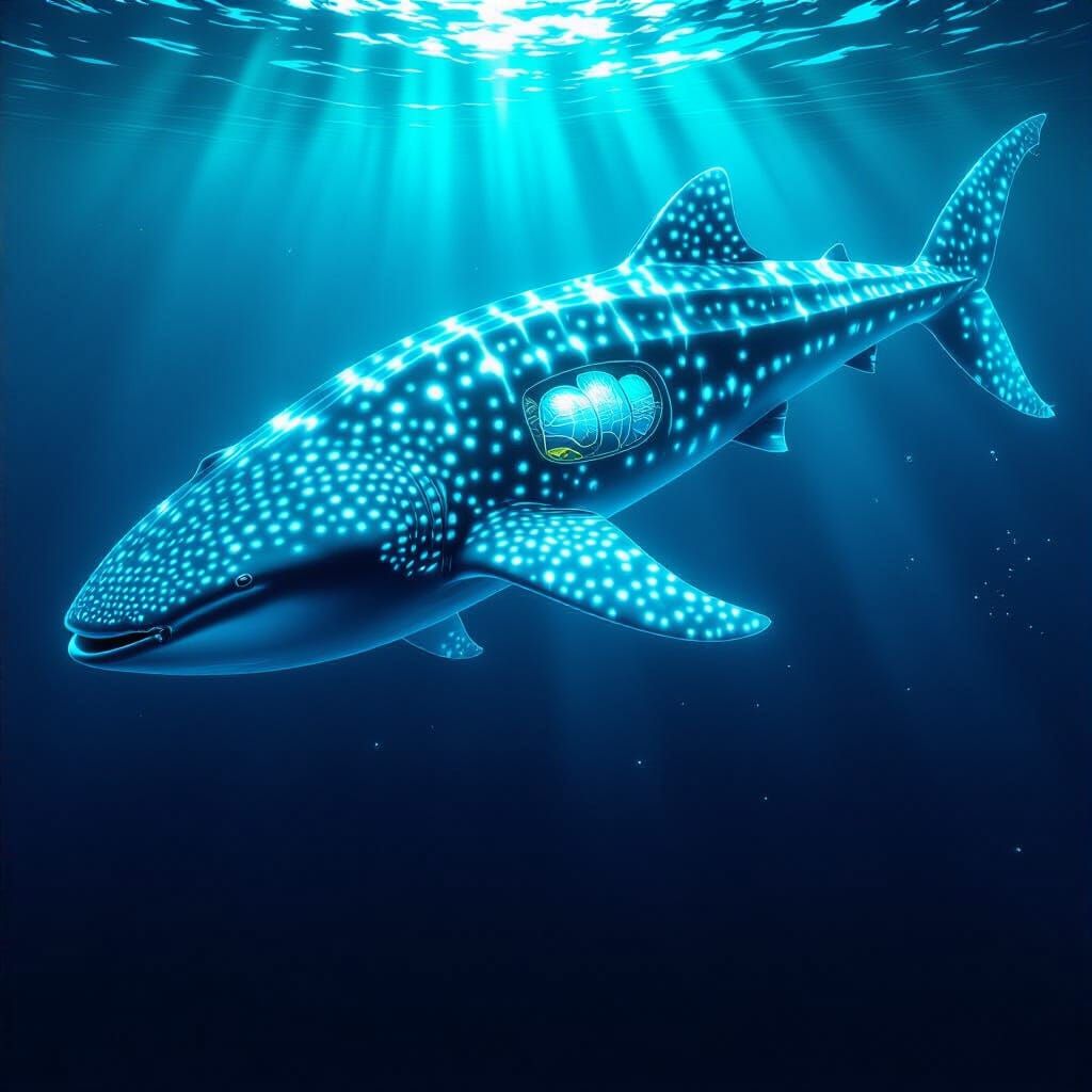 Crystal Whale Shark Gliding Through Dark Ocean Depths