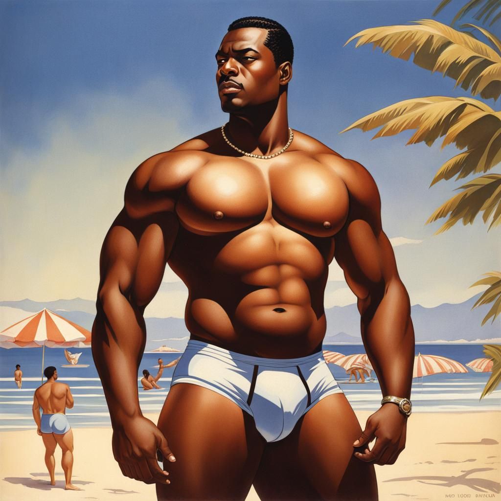 Dramatic Beach Portrait of Muscular Man in Pin-Up Style