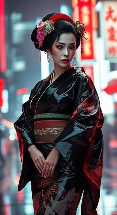 Cyberpunk Geisha Portrait in Neon Lit Alley