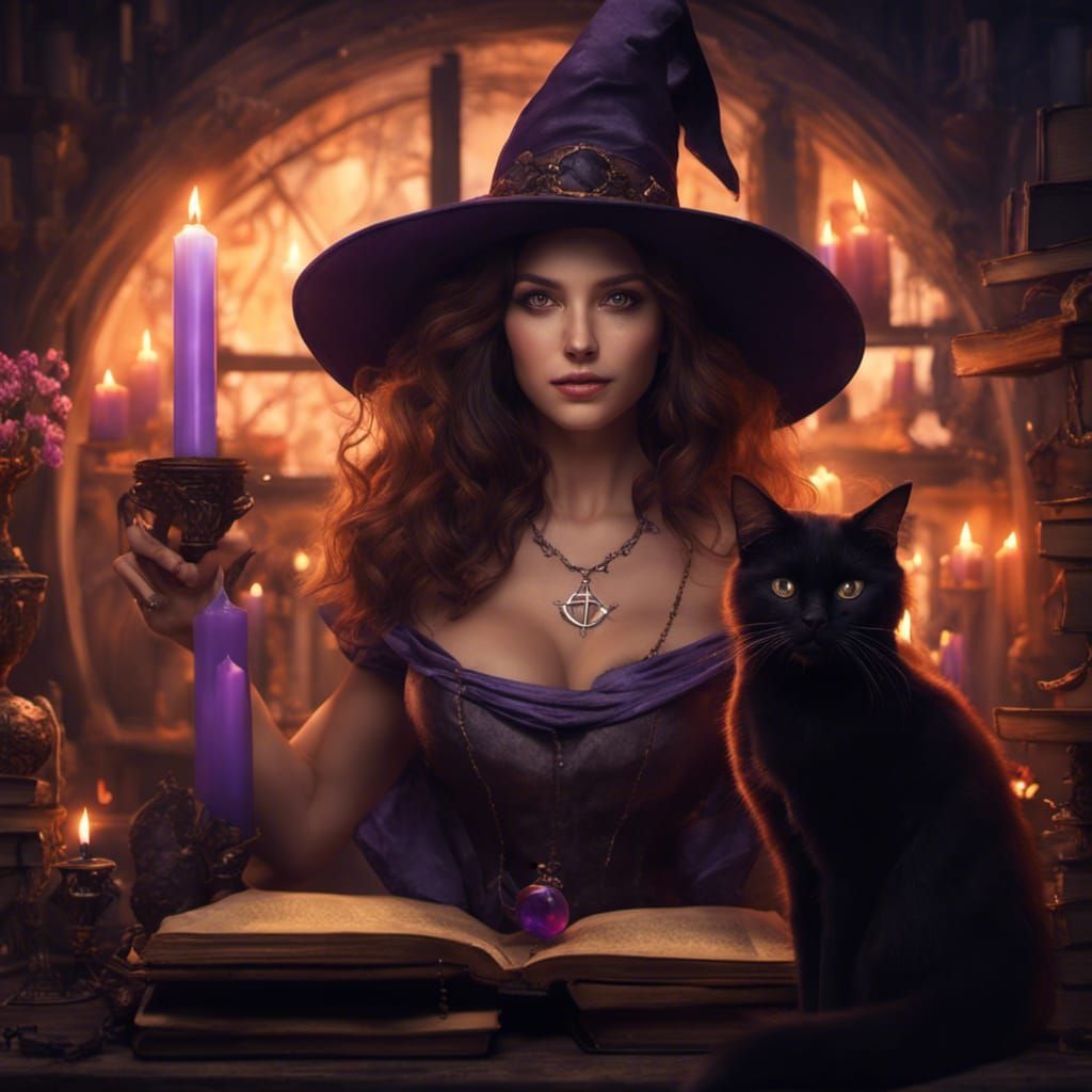 Curvy Witch Portrait with Black Cat, Detailed Matte Painting
