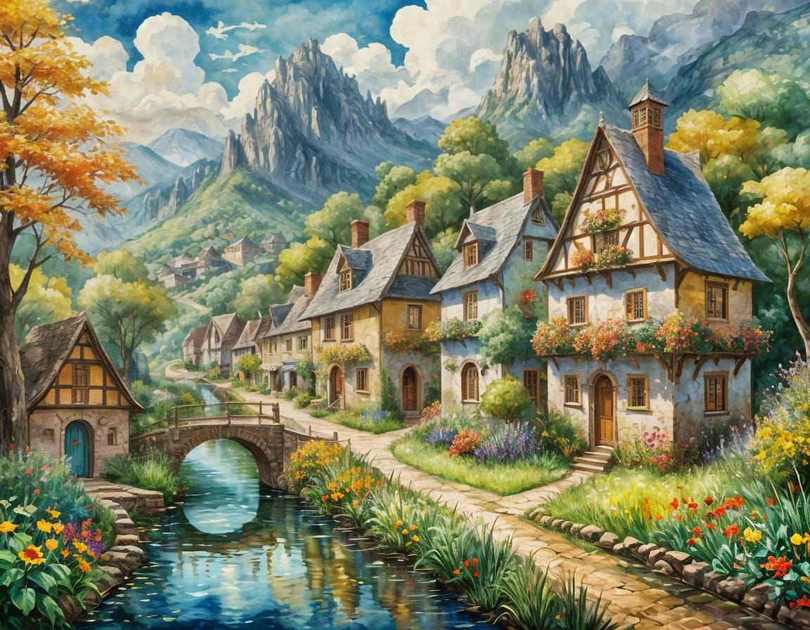Storybook Village in Whimsical Gouache Impressionism