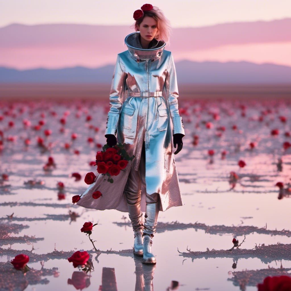 Woman in Silver Coat on Salt Lake at Sunset
