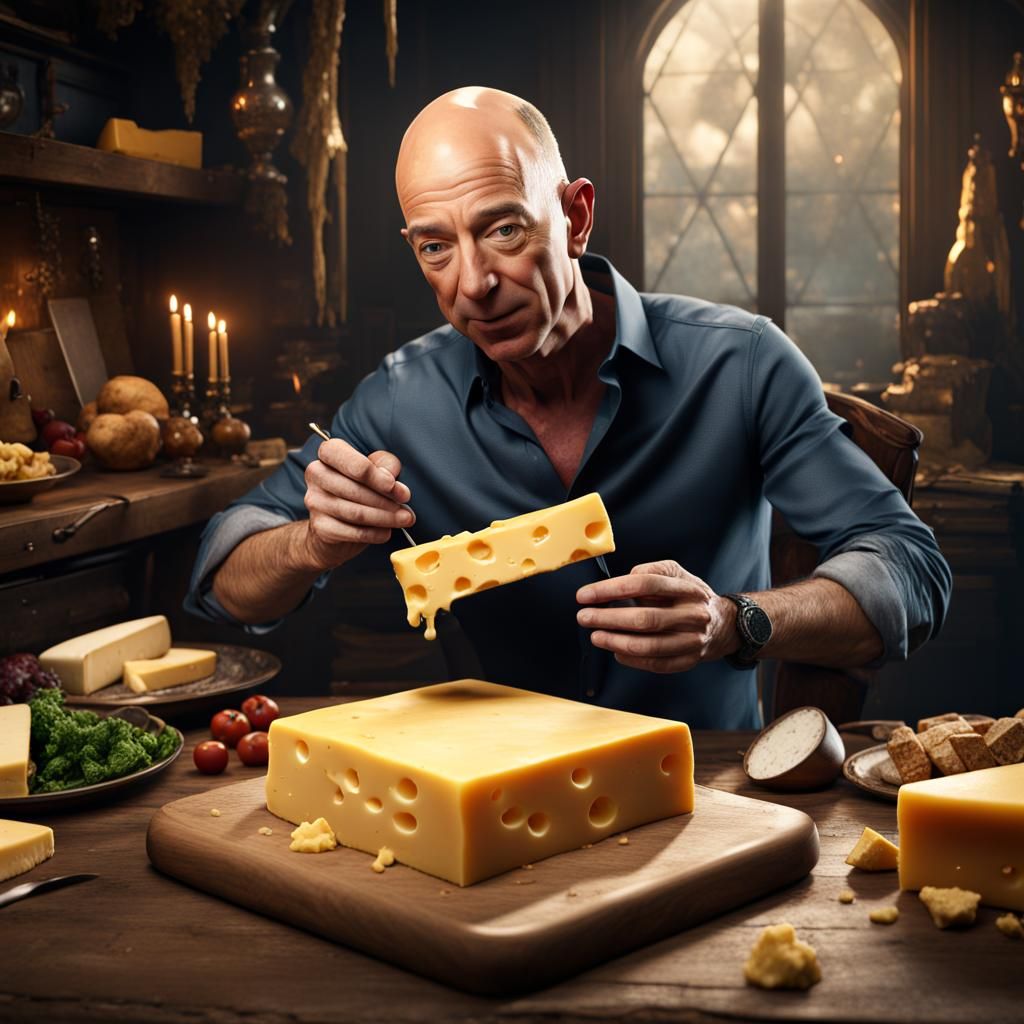 Jeff Bezos Eating Cheese: Detailed Digital Painting