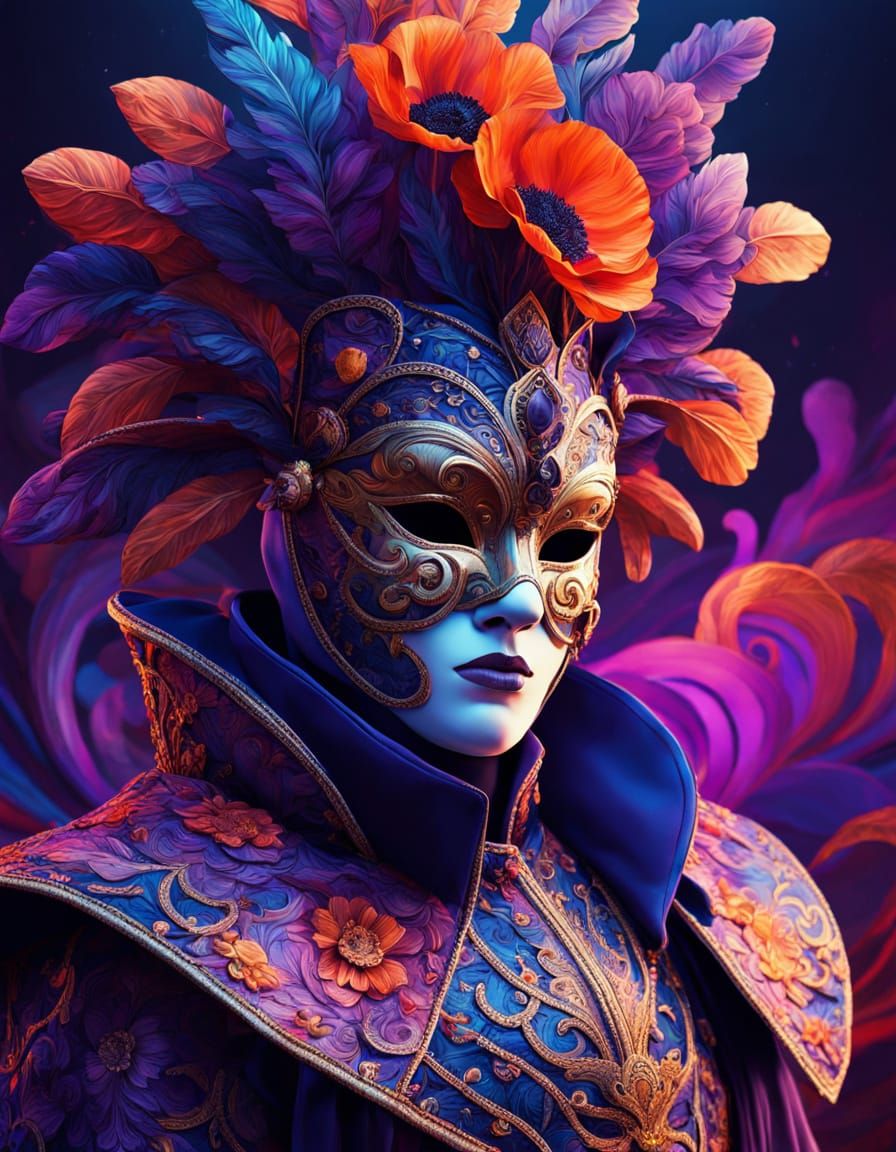 Ethereal Carnival Figure in Vibrant, Swirling Patterns