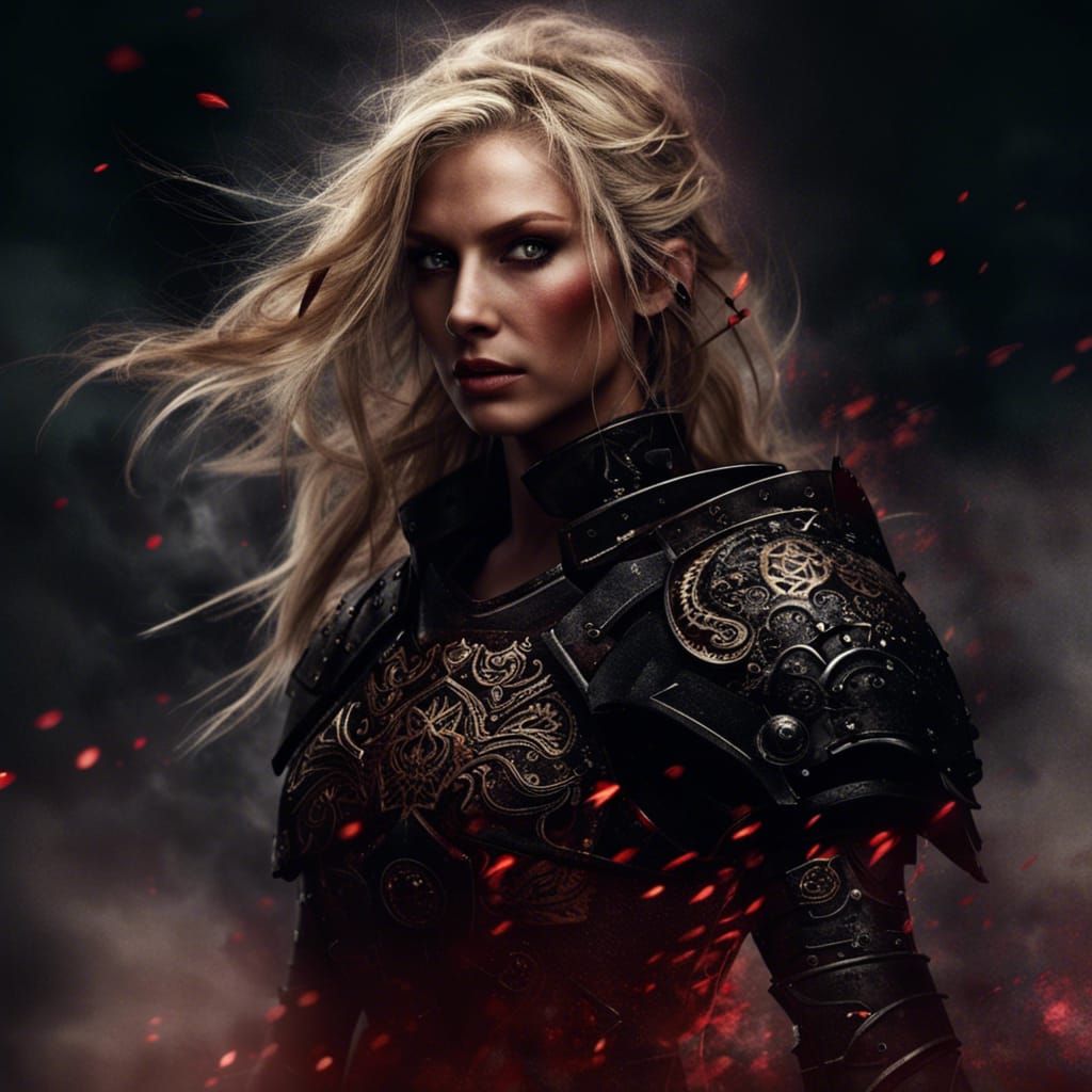 Hyperrealistic Blonde Warrior in Black and Red Armor