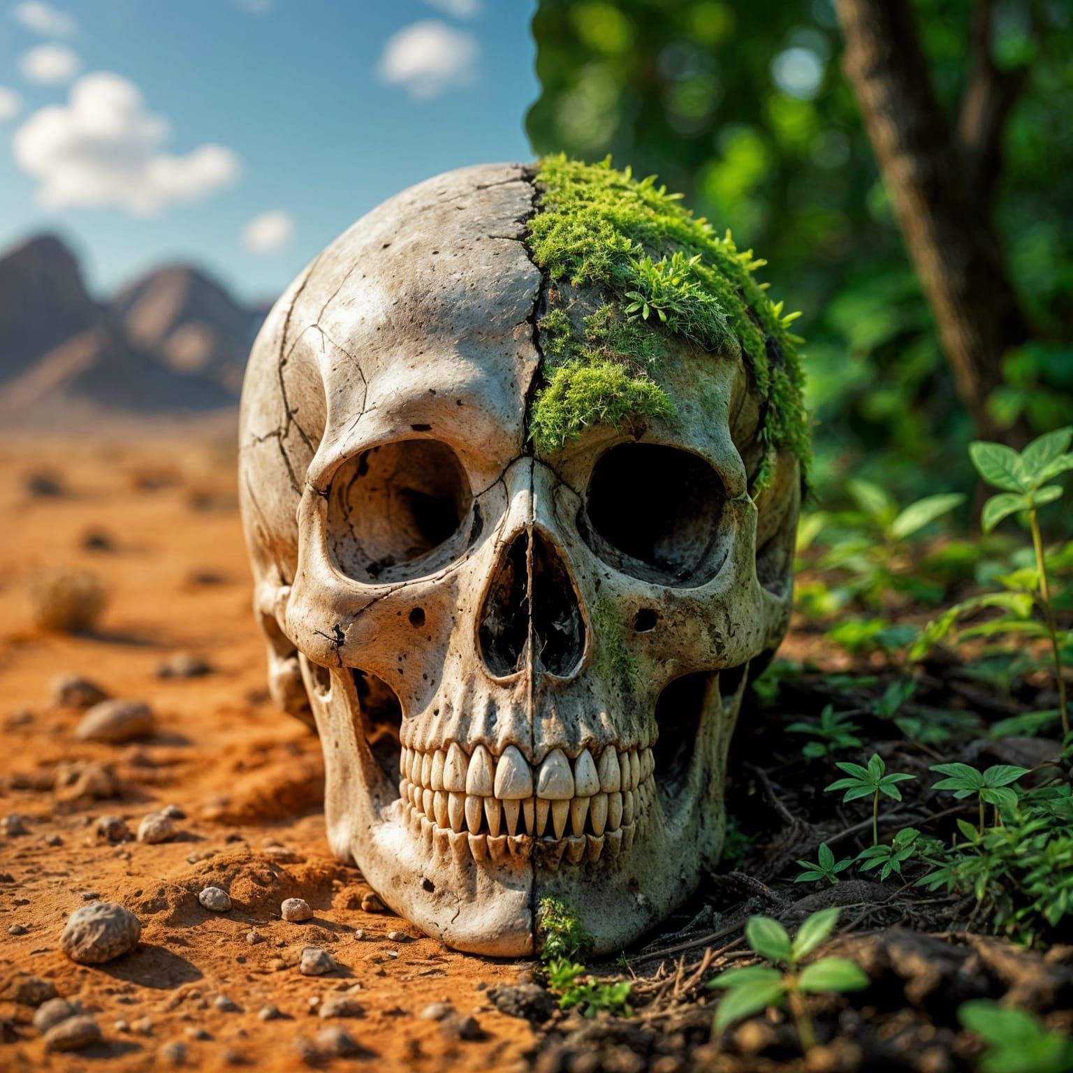 Skull in Opposing Environments: Desert and Forest