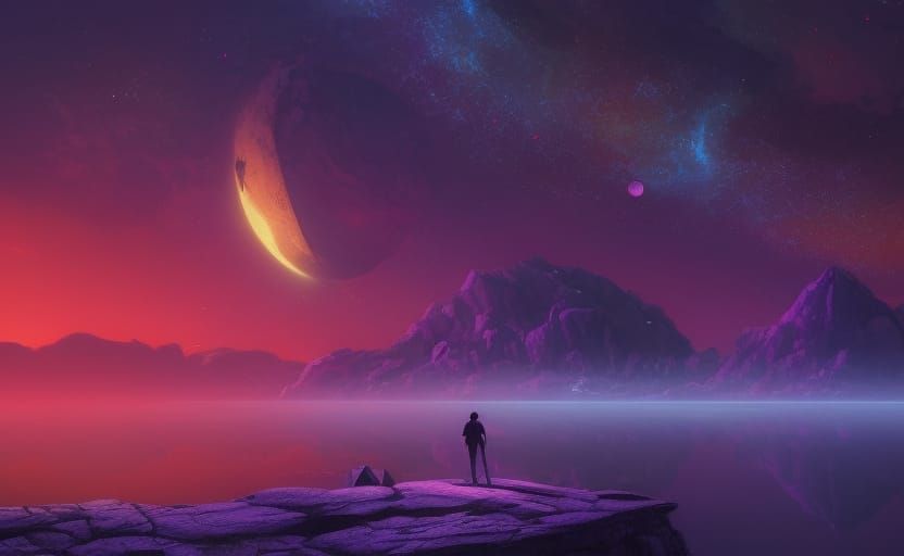 Cosmic Aurora Over Lake: Surreal Post-Impressionism