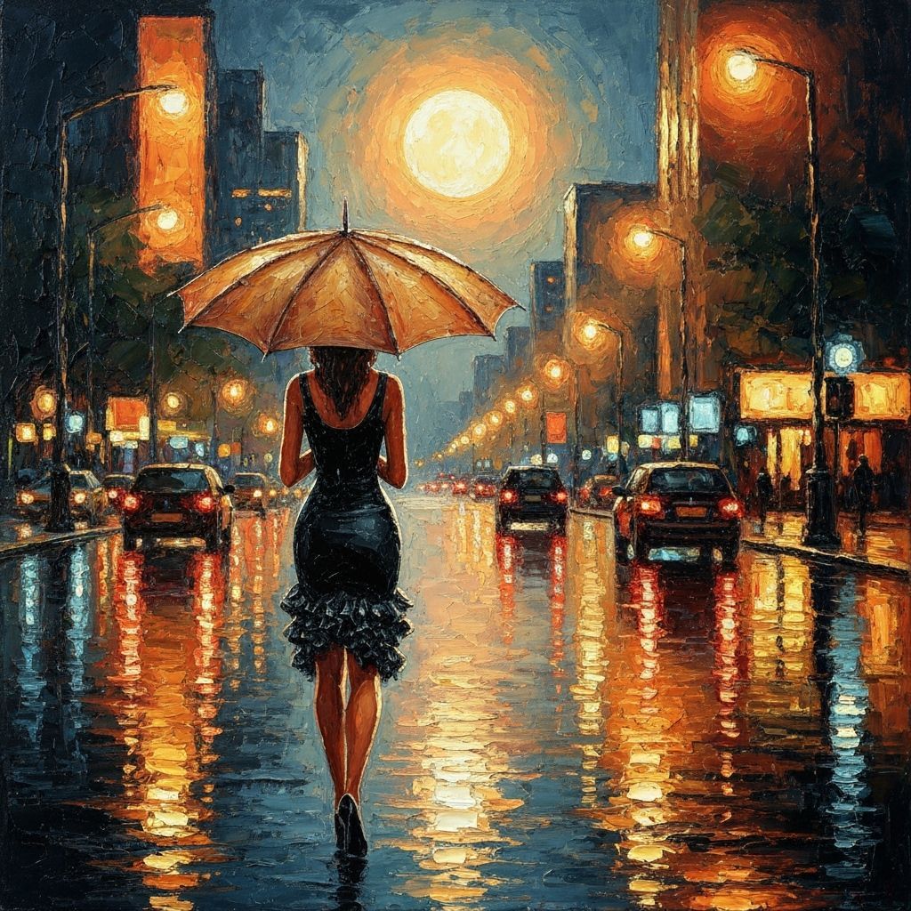 Woman Walking in Rainy City, Impasto Painting