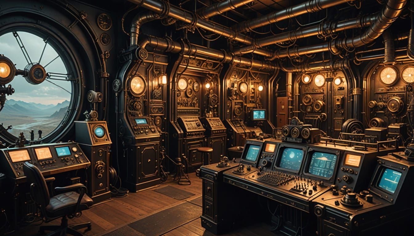 Surreal Steampunk Command Bridge in Warm Golden Light