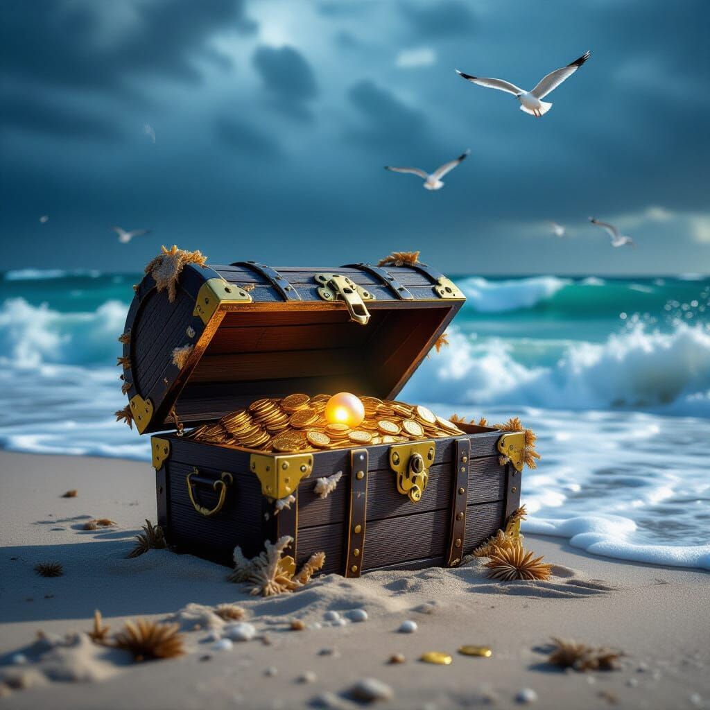 Barnacle Treasure Chest on Stormy Beach