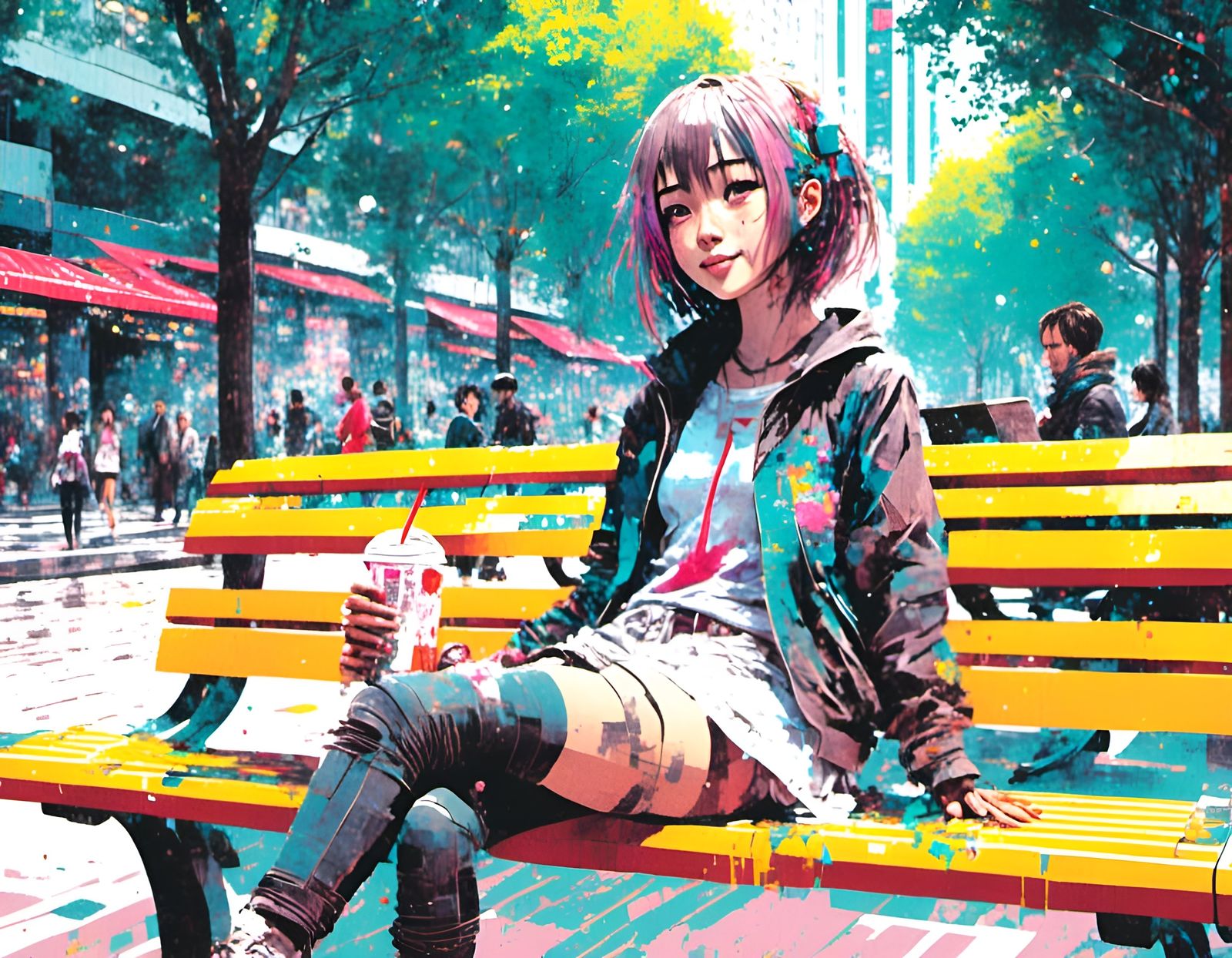 Cyberpunk Girl in Neo Tokyo Park, Chibli Anime Style