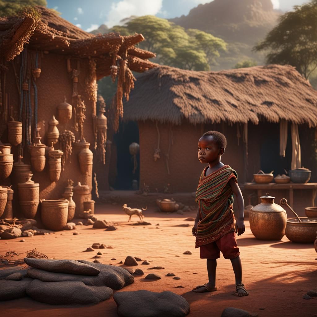 Hyperrealistic Portrait of African Child in Traditional Sett...