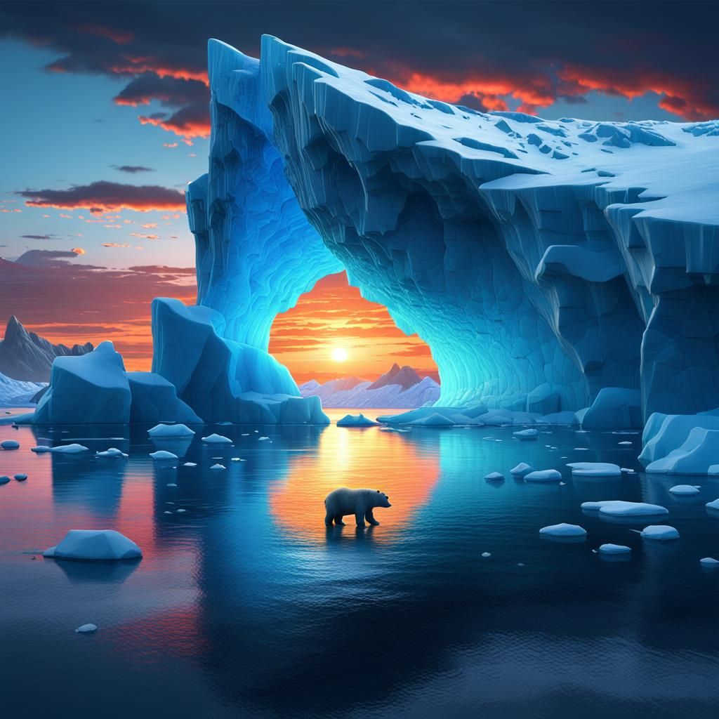 Dramatic Sunset Over Blue Iceberg With Polar Bear