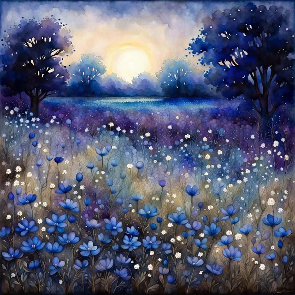 Glowing Blue Wildflower Field at Twilight