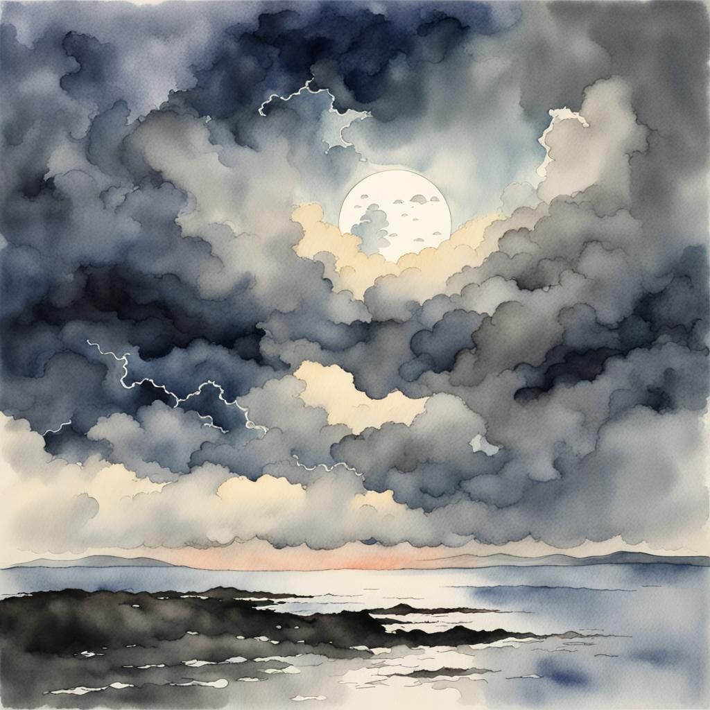 Watercolor Seascape: Moonlit Storm Clouds