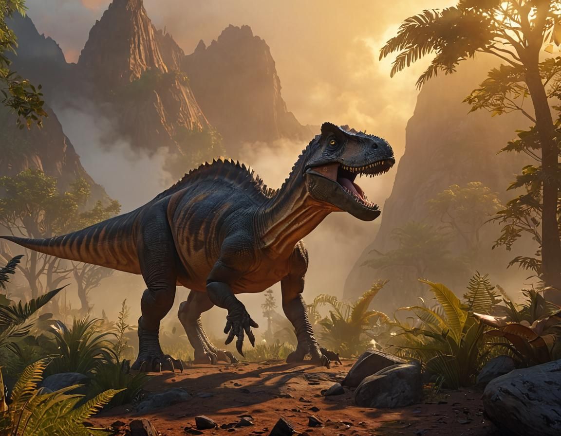 Epic Prehistoric Dinosaur Landscape in Golden Hour