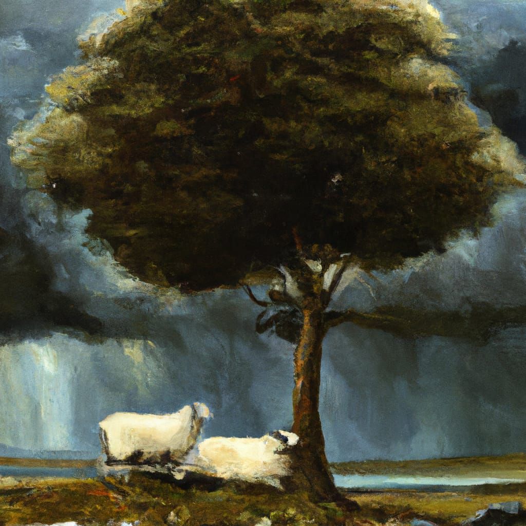 Sheep Seek Shelter in Storm, Oil Painting