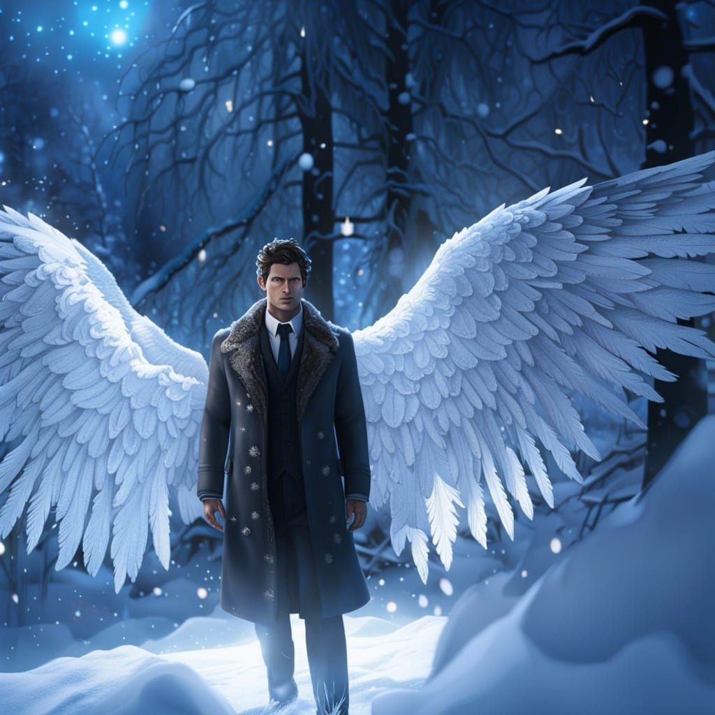 Fallen Angel Castiel, closeup portrait, in the snow, covered in snowflakes.