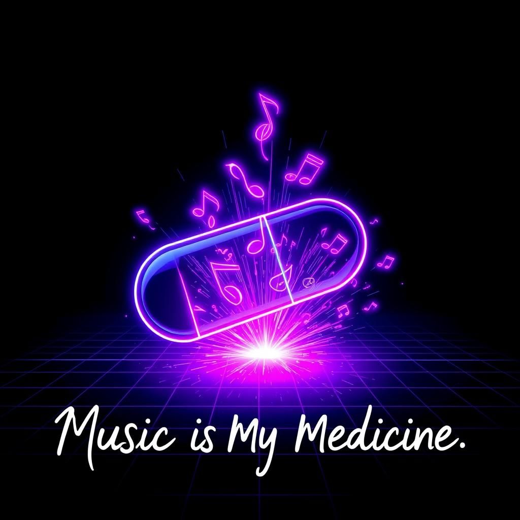 Neon Capsule Emitting Synthwave Musical Notes