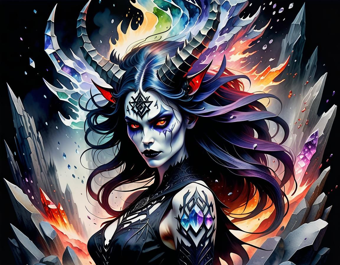 Gothic Demoness in Watercolor Art Style