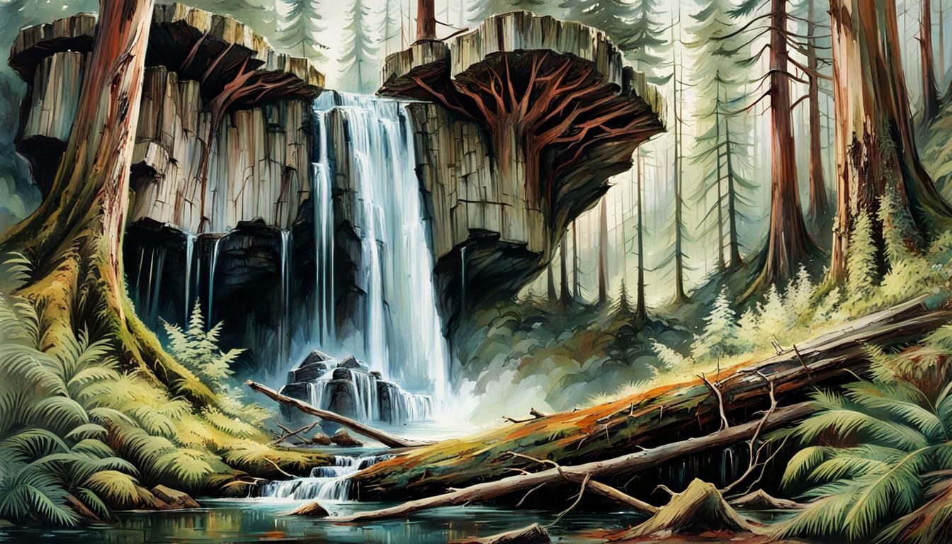 A waterfall cascades over broken tree stumps, lush forest