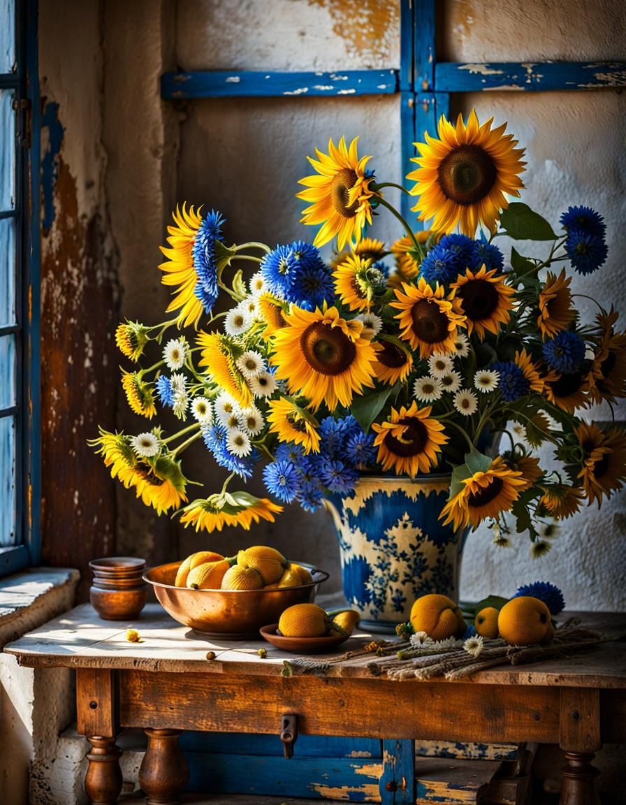 Still Life: Sunflowers in Copper Bucket, Magical Realism