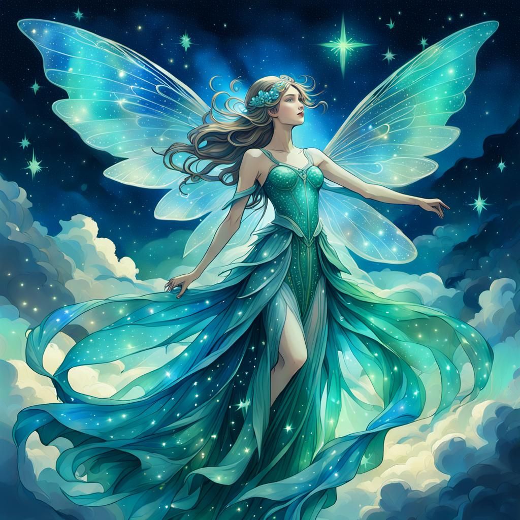 Azure Fairy in Starry Night, Digital Art
