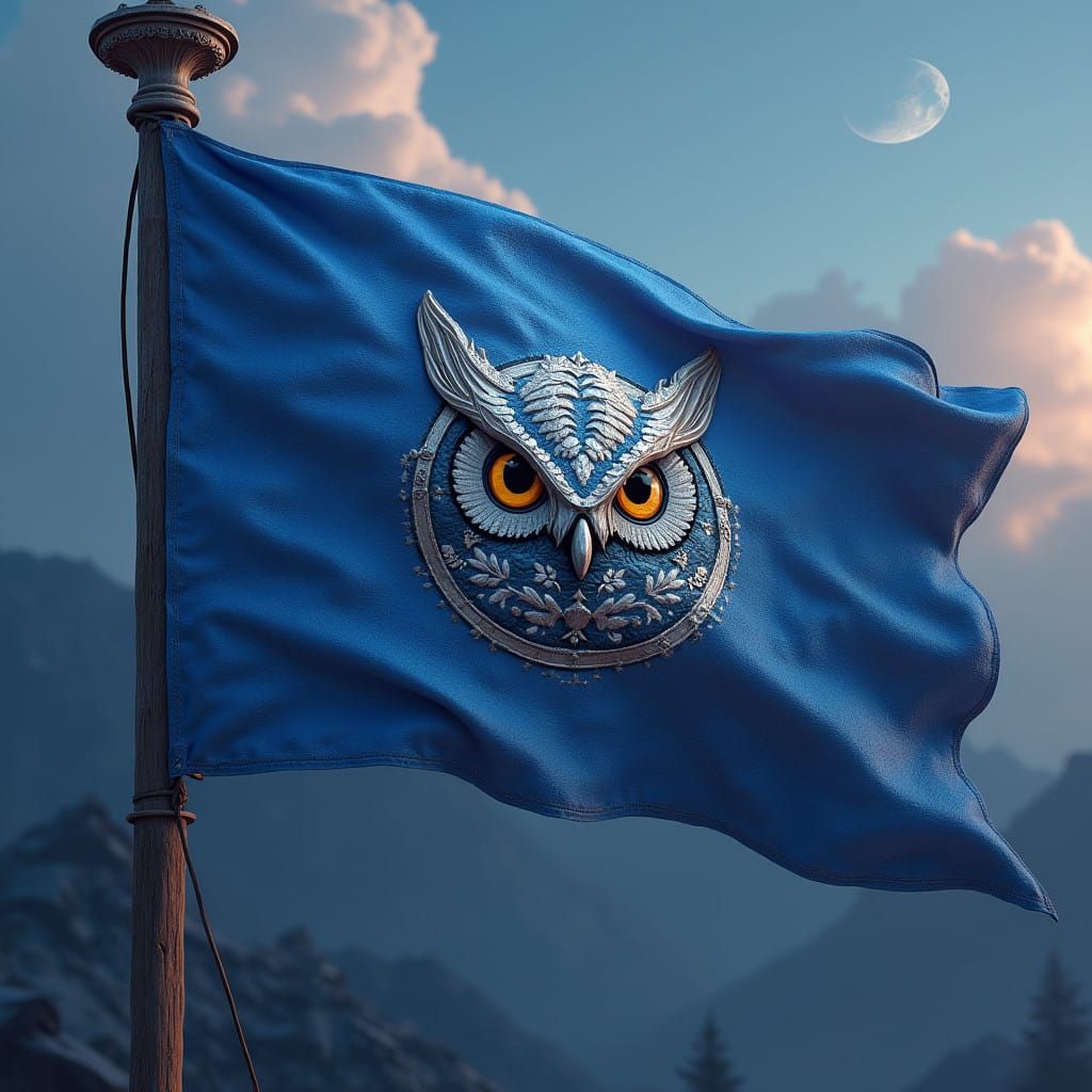 Surreal Owl Flag with Deep Blue and Silver Hues