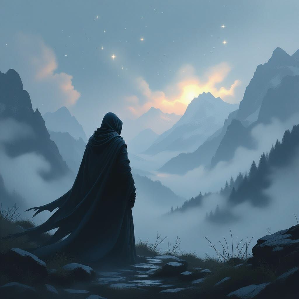 Mystical Figure Amidst Misty Mountains, Digital Painting