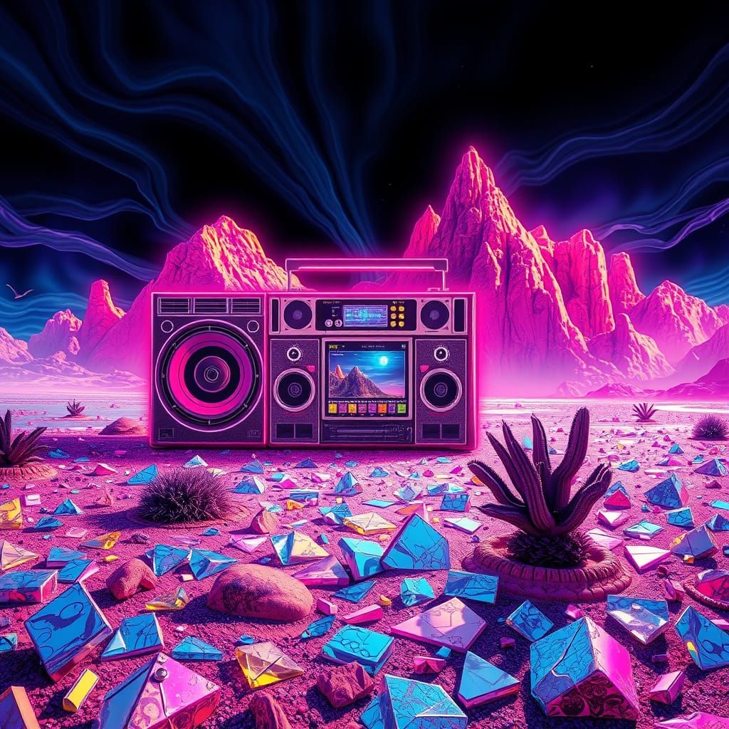 Surreal Desert Boomboxes Broadcast Light Over Glass Shards
