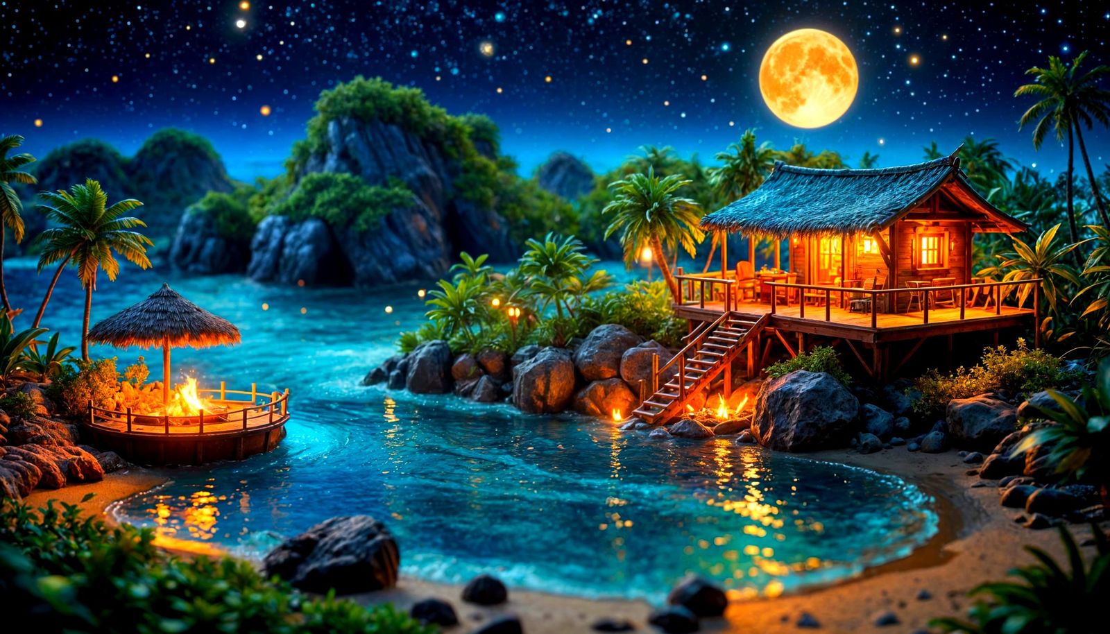 Miniature Floating Island Oasis at Night: Tilt-Shift Photo