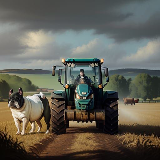 French Bulldog and Tractor Driver on Farm Oil Painting