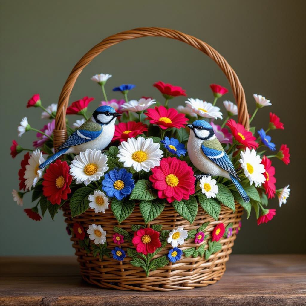 Three-Dimensional Embroidered Wicker Basket with Wildflowers